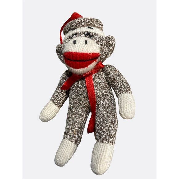 Unbranded Other - Knitted Sock Monkey Plush Ornament With Red Ribbon